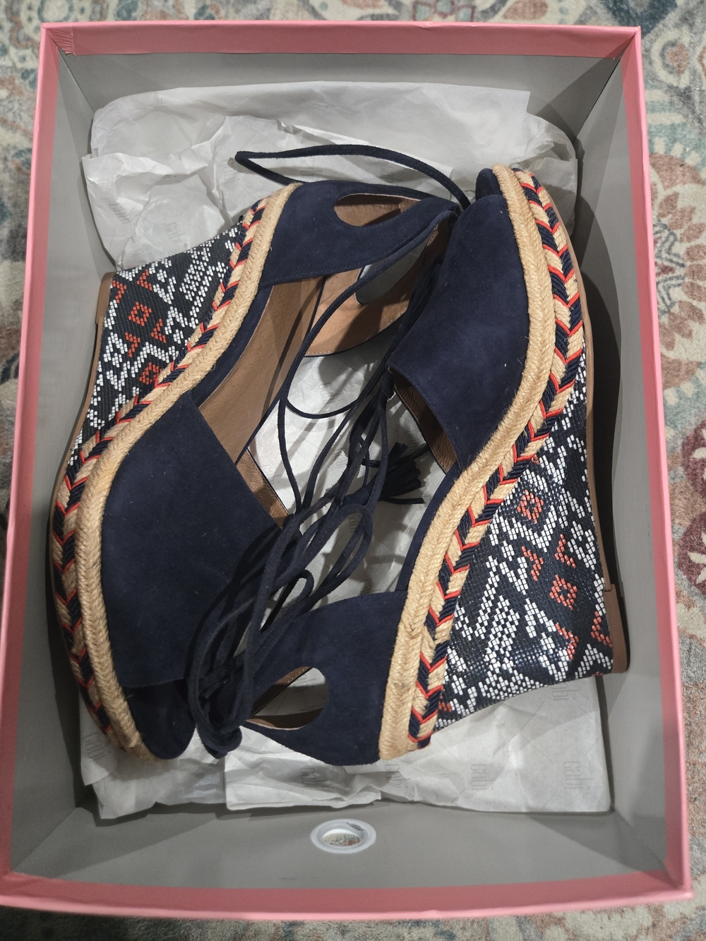 Cabi Women's Isla Aztec Print Wedge Espadrille Sandals Blue Suede 10M